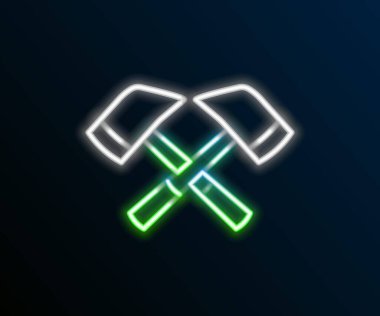 Parlayan neon hattı itfaiyeci balta simgesi siyah arka planda izole edildi. Yangın baltası. Renkli taslak konsepti. Vektör