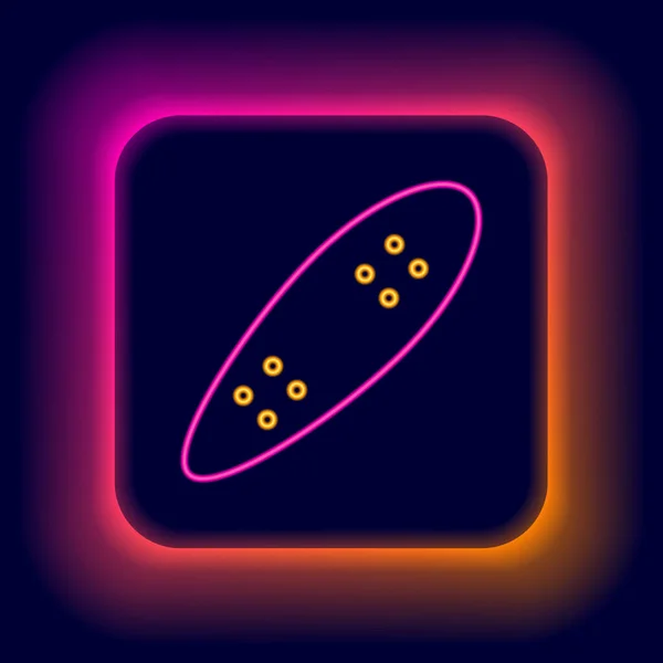 stock vector Glowing neon line Longboard or skateboard cruiser icon isolated on black background. Extreme sport. Sport equipment. Colorful outline concept. Vector