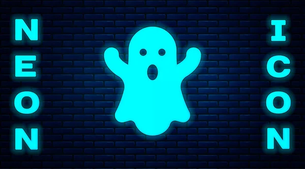 Glödande Neon Ghost Ikonen Isolerad Tegel Vägg Bakgrund Glad Halloweenfest — Stock vektor