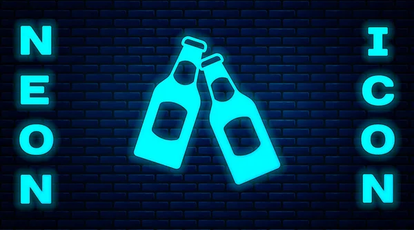 Brillante Icona Bottiglia Birra Neon Isolato Sfondo Muro Mattoni Vettore — Vettoriale Stock