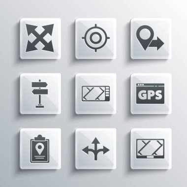 Yol trafik işaretini, haritalı GPS cihazını, katlanmış konum işaretçisini ve konum simgesini ayarla. Vektör