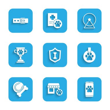 Hayvan sağlığı sigortası, veteriner hastanesi, klinik yakalı yaka kartı, evcil oyuncaklar lastik ve top, ödül, hamster tekerleği ve ikon. Vektör