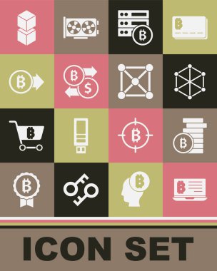 Madencilik bitcoin 'ini laptop, Bitcoin, Blockchain teknolojisi, Sunucu, Kripto para değişimi ve simgeden ayarla. Vektör