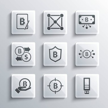 Hedefe Bitcoin yerleştirin, USB flash disk, devre, bitcoin ile kalkan, el ele tutuşmalar, kripto para değişimi, tablet ve simgeden madencilik. Vektör