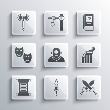 Meşale Ateşi, Çapraz Ortaçağ kılıcı, Kırık Antik Kelime, Kelime, Parşömen, Parşömen, Parşömen, Komedi ve Trajedi Maskeleri, Ortaçağ baltası ve Yunan tarih kitabı ikonu. Vektör