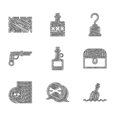 Alkol içeceği, rom, konum korsanı, mesaj suyu şişesi, antika hazine sandığı, korsan madeni para, klasik tabancalar, kroşe ve harita ikonu. Vektör