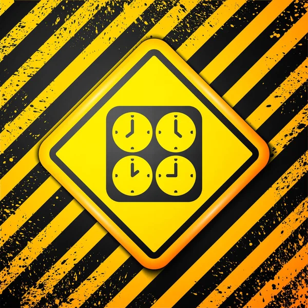 Μαύρο Ρολόι Ζώνη Ώρας Εικόνα Απομονώνονται Κίτρινο Φόντο Σημάδι Προειδοποίησης — Διανυσματικό Αρχείο