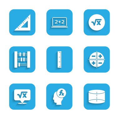 Cetvel, fonksiyon matematiksel sembolü, Geometrik figür silindiri, XYZ koordinat sistemi, x kabartmasının kare kökü, Abaküs ve üçgen cetvel simgesi. Vektör