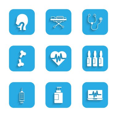 Kalp atış hızı, el dezenfektanı, kardiyogramlı dizüstü bilgisayar, ilaç tüpü, ampul, şırınga, kırık kemik, stetoskop ve boğaz ikonu. Vektör