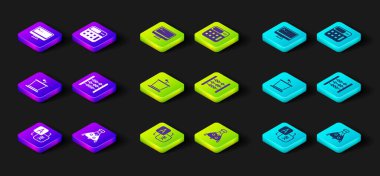 Çevirmen, tüp ve matara, sahne standı, abaküs, hesap makinesi ve bilgisayar monitörü simgesini ayarla. Vektör