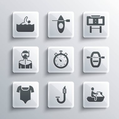 Snorkel, Jet ski, kürekli tekne, Stopwatch, mayo, dalış için dalış kıyafeti, Mayo ve Sport mekanik skor tabelası ikonu. Vektör