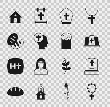 Tespih, tespih, mezar taşı, Papa şapkası, rahip, Hıristiyan ekmeği, kilise binası ve Paskalya pastası ikonu. Vektör