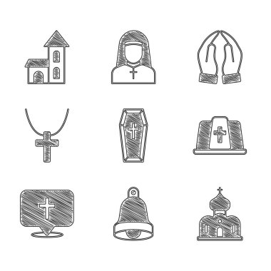 Tabut, kilise çanı, bina, Papa şapkası, lokasyon kilisesi, Hıristiyan haç zinciri, dua eden eller ve ikon. Vektör