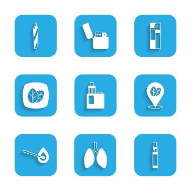 Vape mod cihazı, akciğerler, Elektronik sigara, Tütün yaprağı, Ateşle kibrit yakma, Çakmak ve Marihuana eklemi, sigara ikonu. Vektör