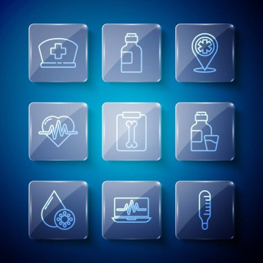 Kan testini ve virüsü ayarlayın, kardiyogramlı dizüstü bilgisayar, tıbbi termometre, harita işaretleyicisi çapraz hastane, röntgen, kalp atışı, hemşire şapkası ve ilaç şurubu ikonu. Vektör