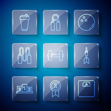 Spor ödülleri, podyum, madalya, banyo terazisi, bowling topu, Dumbbell, ip atlama, fitness sallayıcısı ve dart ok ikonu. Vektör