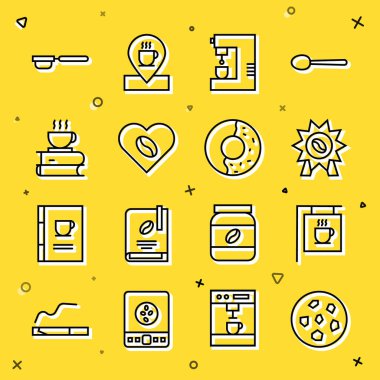 Çizgi çerez ya da bisküvi, sokak tabelası kahvesi, kahve makinesi için madalya, aşıklar, fincan ve kitap, filtre tutacağı ve tatlı jöleli çörek. Vektör