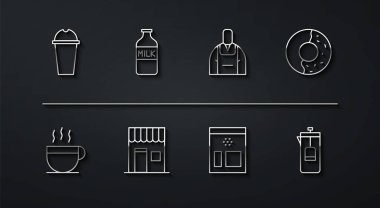 Set hattı Milkshake, kahve fincanı, tatlı jöleli çörek, kahve çekirdekleri, dükkan, şişe süt, Fransız presi ve Barista ikonu. Vektör