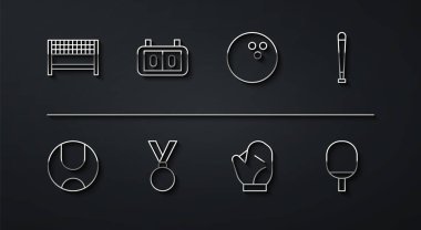 Bitiş çizgisinde kurdele, tenis topu, beysbol sopası, eldiven, madalya, spor mekanik skorbordu, masa tenisi ve bowling ikonu için raket. Vektör