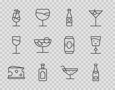 Peynir, şampanya şişesi, bira, viski, kokteyl ve şarap bardağı ikonu. Vektör
