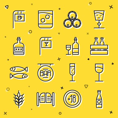 Çizgili bira şişesi, şarap bardağı, bira şişesi, tahta fıçılar, Bar 'lı sokak tabelası, alkollü içki ve ikon. Vektör