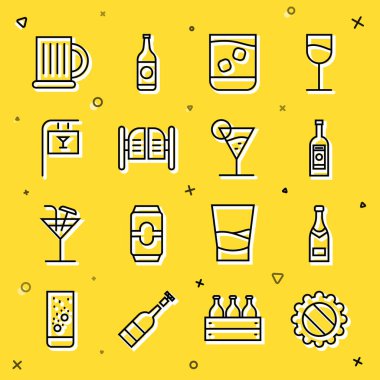 Şişe kapağı, şampanya şişesi, bir bardak votka, viski, salon kapısı, Bar, tahta bira bardağı ve martini bardaklı tabela. Vektör