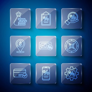 Hat kartı, yüzde indirimi ve cep telefonu, yüzde ile dişli, indirimli etiket, para, nakit konum, çanta parası ve kasa simgesi. Vektör