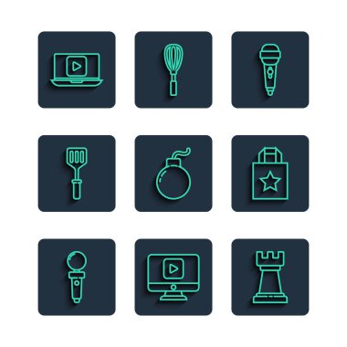 Oyun makinesi, Online oyun videosu, iş stratejisi, mikrofon, patlamaya hazır bomba, Spatula ve kağıt poşet ikonu için Joystick 'i ayarla. Vektör