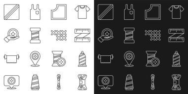 İplik, dikiş ipliği, mezura ölçüsü, desen, düğme ve ayarlanabilir halka nakış simgesini ayarla. Vektör