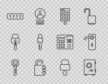 Hat anahtarı, kasa, şifre koruması, şifre kilidi, kilit anahtarı ve kapı kolu simgesini ayarla. Vektör