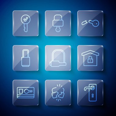 Hat kartı, kırık kilit, kapı kolu, anahtar, bisiklet, kilit ve ev koruma simgesi altında. Vektör