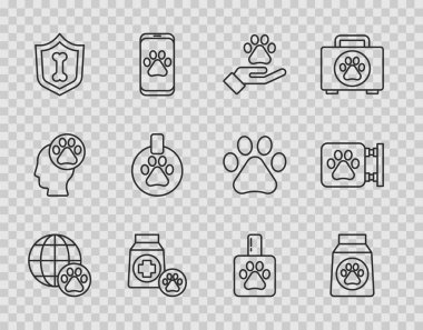 Sabit hat evcil hayvan, yiyecek çantası, hayvan ayak izi olan eller, hayvan sağlığı sigortası, yaka etiketi, şampuan ve veteriner kliniği ikonu. Vektör
