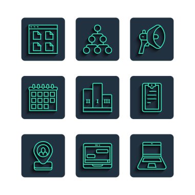 Satır İşçisi konumu, Sohbet mesajları dizüstü bilgisayar, Laptop, Megaphone, Kazanan podyum ödülü, Takvim, Tarayıcı dosyaları ve kontrol listesi simgesi olan pano. Vektör