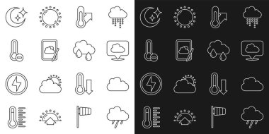 Bulut 'u yağmur, konum bulutu, meteoroloji termometresi, hava tahmini, ay ve yıldızlar ve ikon ile ayarlayın. Vektör