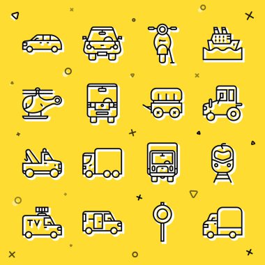 Hat teslimat kamyonu, tren ve demiryolu, traktör, scooter, otobüs, helikopter, Hatchback ve Vahşi Batı ikonu. Vektör