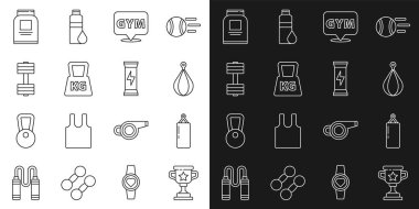 Ödül kupası, kum torbası, lokasyon jimnastik salonu, ağırlık, mankafa, spor beslenme ve ikon. Vektör