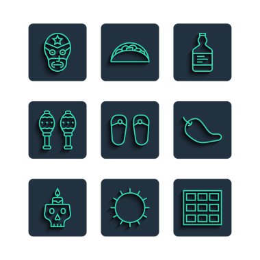 Kafatası, güneş, çikolata, tekila şişesi, parmak arası terlik, marakas, Meksikalı güreşçi ve acı biber kabuğu ikonu. Vektör