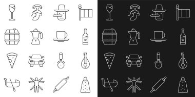 Set hattı Grater, Mandolin, bir şişe şarap, Pinokyo, kahve fincanı, Barrel for, şarap bardağı ve bardak ikonu. Vektör