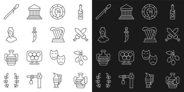 Kırık amforalar, zeytin dalı çapraz ortaçağ kılıcı, Antik Yunan parası, Hançer, göğüs heykeli, Ortaçağ mızrağı ve Harp simgesi. Vektör