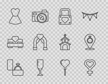 Elmas nişan yüzüğü, kadın cinsiyeti sembolü, kilit ve kalp, şampanya kadehi, kadın elbisesi, düğün kemeri, balon biçimi ve yüzük ikonu. Vektör