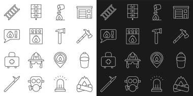 Kamp ateşi, yangın kovası, itfaiyeci baltası, kova söndürme, kibrit kutusu ve kibritler, 911 'i ara, kaçış ve ikon. Vektör