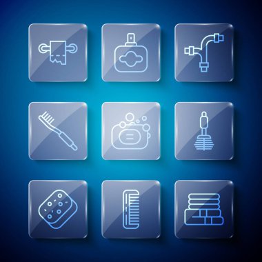 Sünger, saç fırçası, havlu yığını, endüstriyel metalik boru, sabun, diş fırçası, tuvalet kağıdı rulosu ve ikon. Vektör