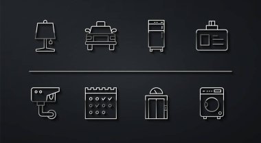 Masa lambası, güvenlik kamerası, kimlik kartı, asansör, otel rezervasyon takvimi, taksi arabası, çamaşır makinesi ve buzdolabı ikonu. Vektör