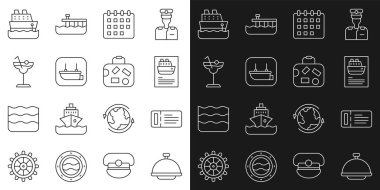 Sırayı tepsi, gemi bileti, gemi, takvim, filika, Kokteyl ve Bavul ikonu ile kaplayın. Vektör