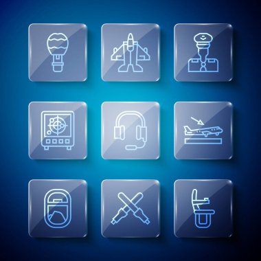 Hat uçak penceresi, Marshalling değnekleri, koltuk, pilot, mikrofonlu kulaklıklar, Radar hedef monitörü, sıcak hava balonu ve uçak iniş ikonu. Vektör