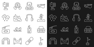 Çizgi belirleyici, spor çantası, trafik ışığı direği, yürüyüş sırt çantası, dağ inişi, karlı bulut, aksiyon kamerası ve kış kulaklığı ikonu. Vektör