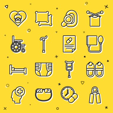 Sport genişletici, terlik, tansiyon, işitme cihazı, baston baston tekerlekli sandalye, büyükanne ve reçeteli ilaç ikonu. Vektör