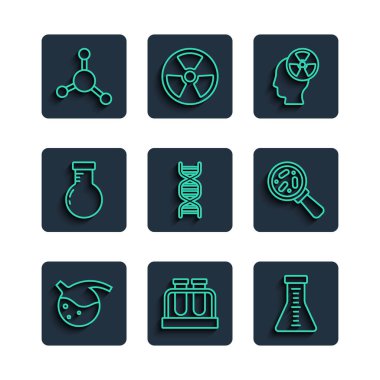 Çizgi Test tüpü ve matara, kafa radyasyon sembolü, DNA, molekül ve mikroorganizmaları büyüteç simgesi altında ayarla. Vektör