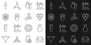 Güvenlik gözlüğü, test tüpü ve matarası, kimyasal formül, patlama, kalkan koruması, virüs, Pipette ve ikon. Vektör