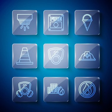 Gaz maskesi, yanan binalarda yangın, koni kovası, trafik, duman alarmı sistemi ve itfaiyeci başlığı ikonu yok. Vektör